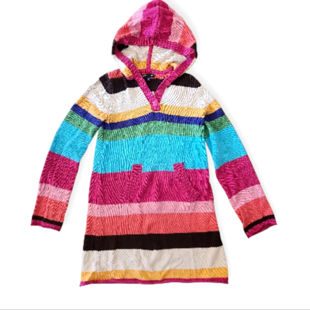 Gap Kids Girls Nordic Sweater Dress Bright Colorful Pink Striped Hood Cotton 10